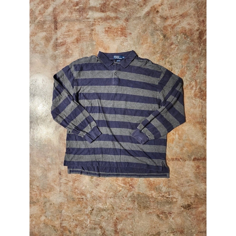 Vintage Polo Ralph Lauren Navy/Gray Striped Knit Long Sleeve Shirt Sz XXL**